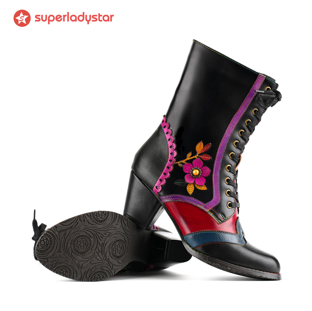 Vintage Crimson Bloom Ankle Boots