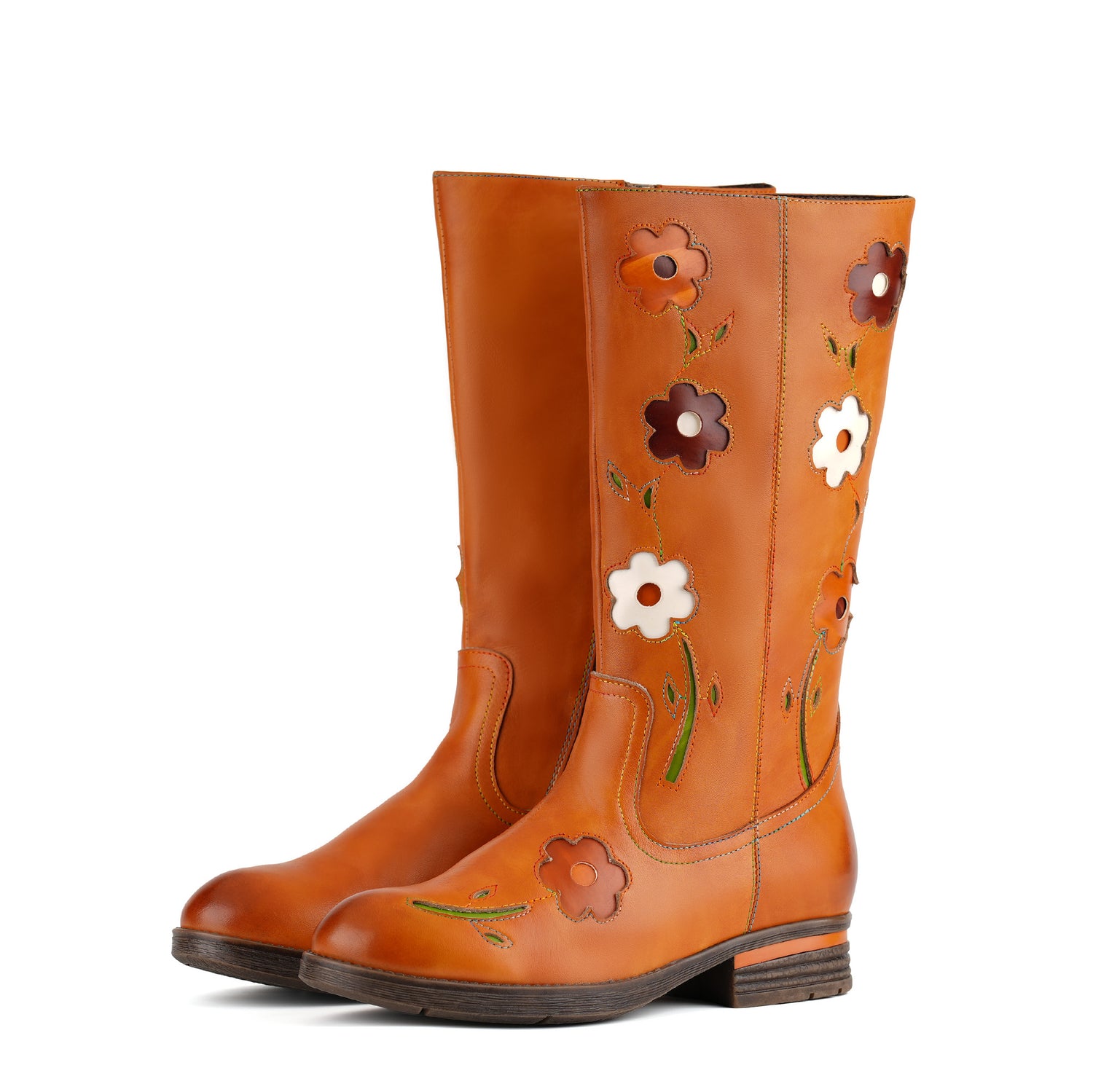 Bottes rétro en cuir floral à mi-mollet