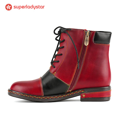 Retro Colorblock Lace-Up Ankle Boots