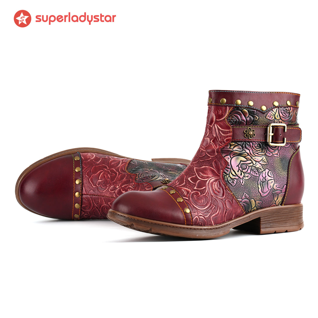Crimson Rose Embossed Ankle Boots(Pre-order)