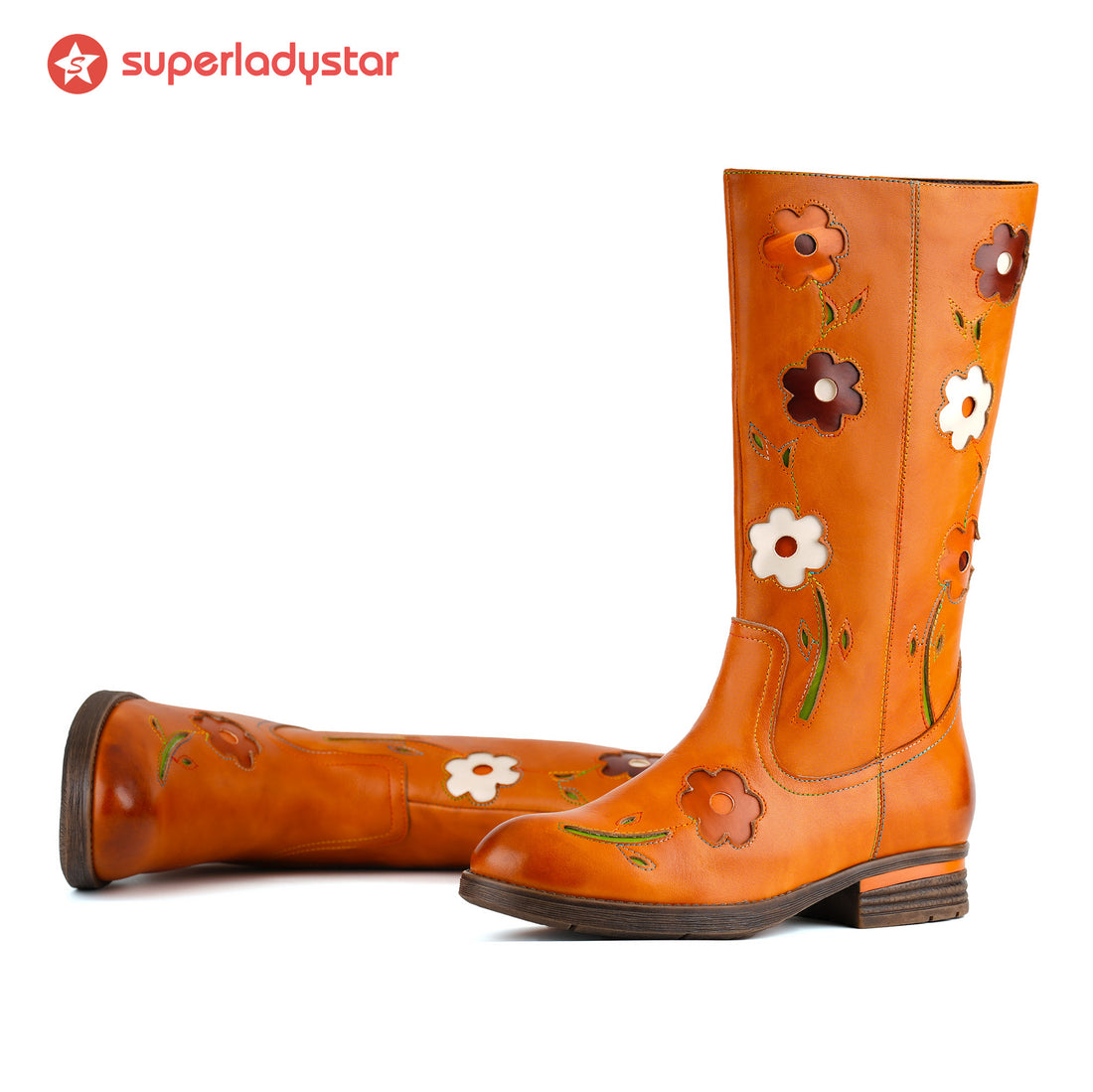 Retro Floral Leather Flat Tall Boots