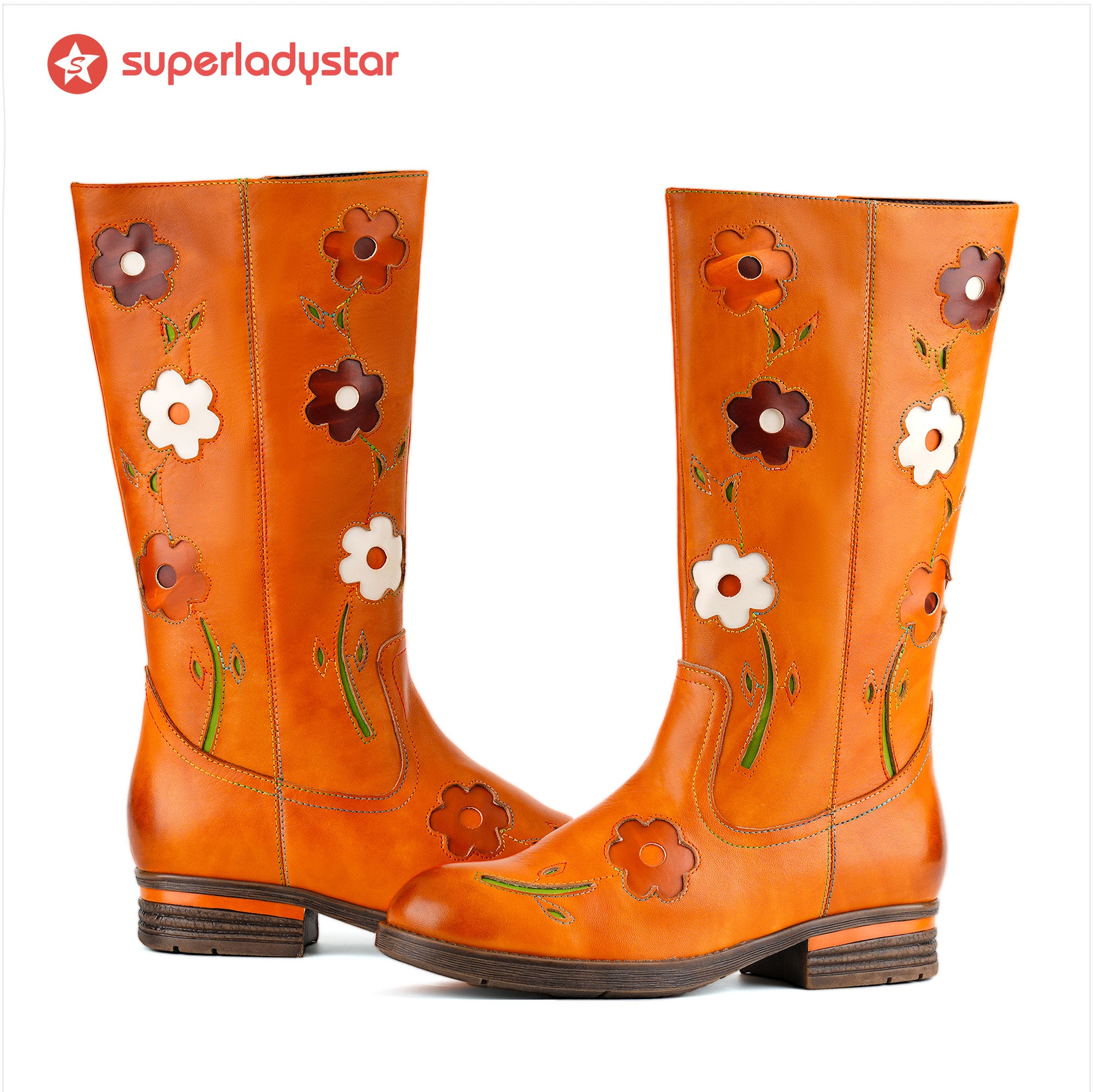 Retro Floral Leather Flat Tall Boots