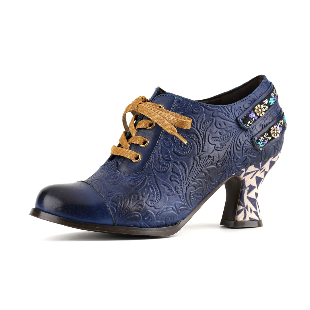 Floral Embossed Lace-Up Heels