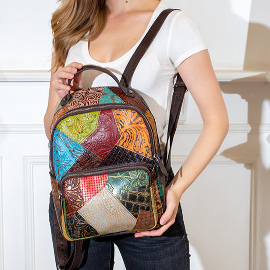 Color-Block Handmade Large-Capacity Leather Backpack