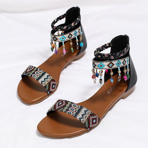 Summer Sandalias de vacaciones de comodidad con cuentas de estilo bohemio para mujeres