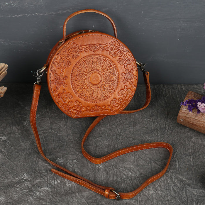 Genuine Leather Vintage Small Round Crossbody Shoulder Bag