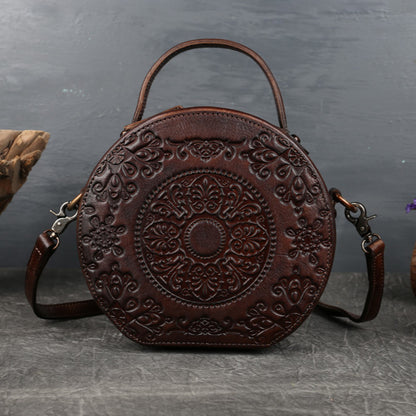 Genuine Leather Vintage Small Round Crossbody Shoulder Bag