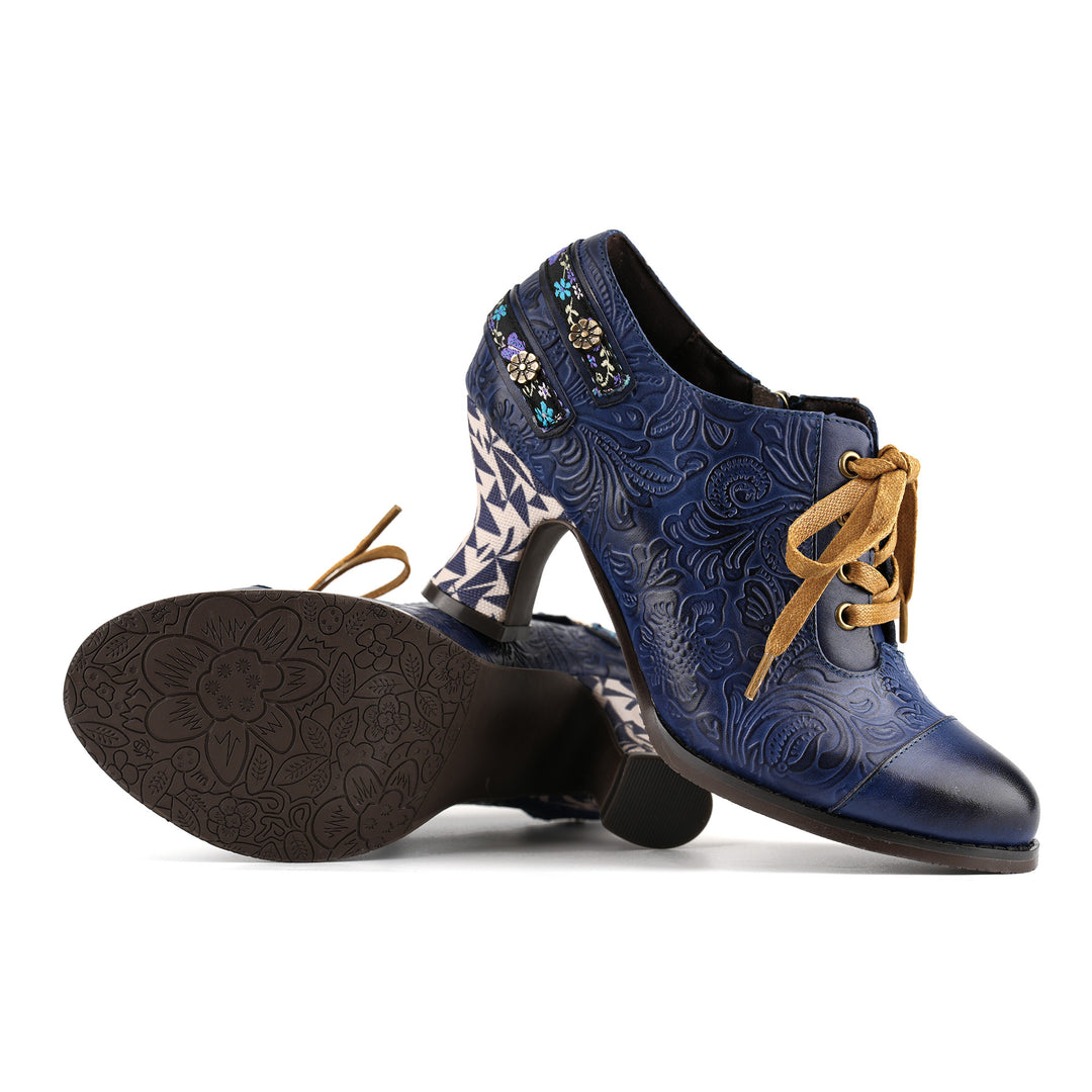 Floral Embossed Lace-Up Heels