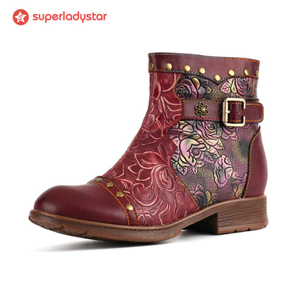 Crimson Rose Embossed Ankle Boots(Pre-order)