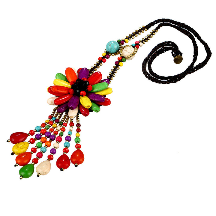 Semi-Precious Stone Woven Flower Vintage Long Necklace