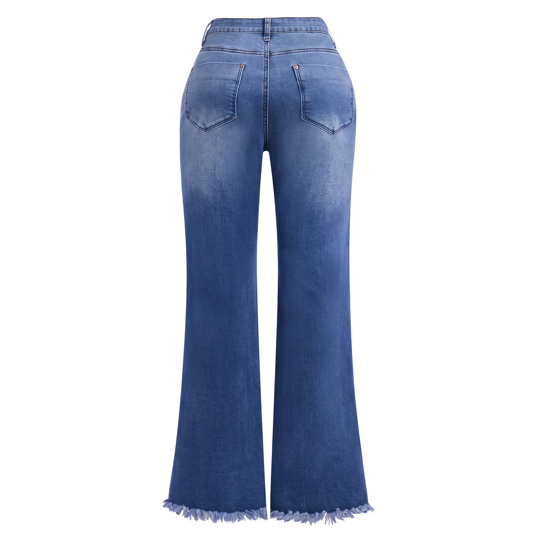 Floral Embroidered Frayed Hem Flare Jeans