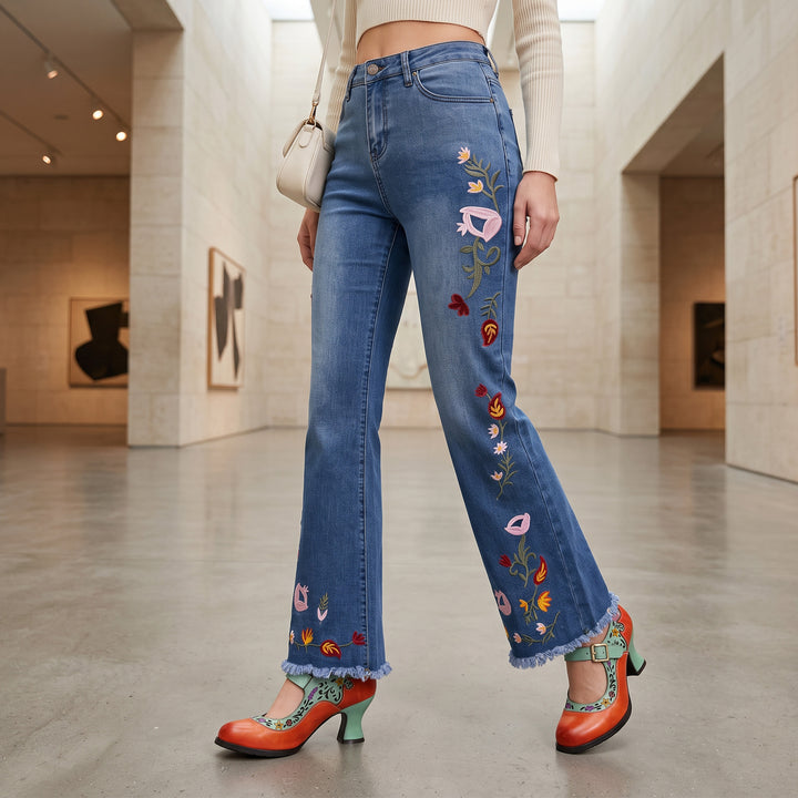 Floral Embroidered Frayed Hem Flare Jeans