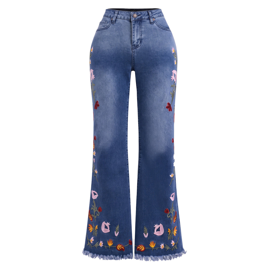 Floral Embroidered Frayed Hem Flare Jeans