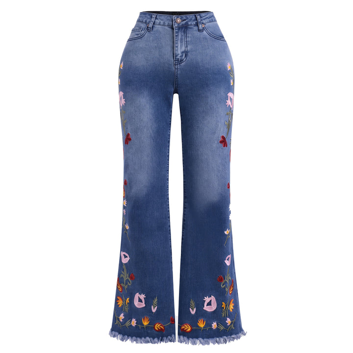 Floral Embroidered Frayed Hem Flare Jeans