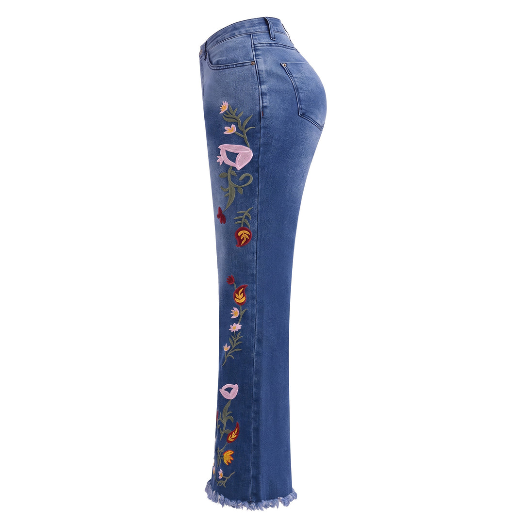 Floral Embroidered Frayed Hem Flare Jeans