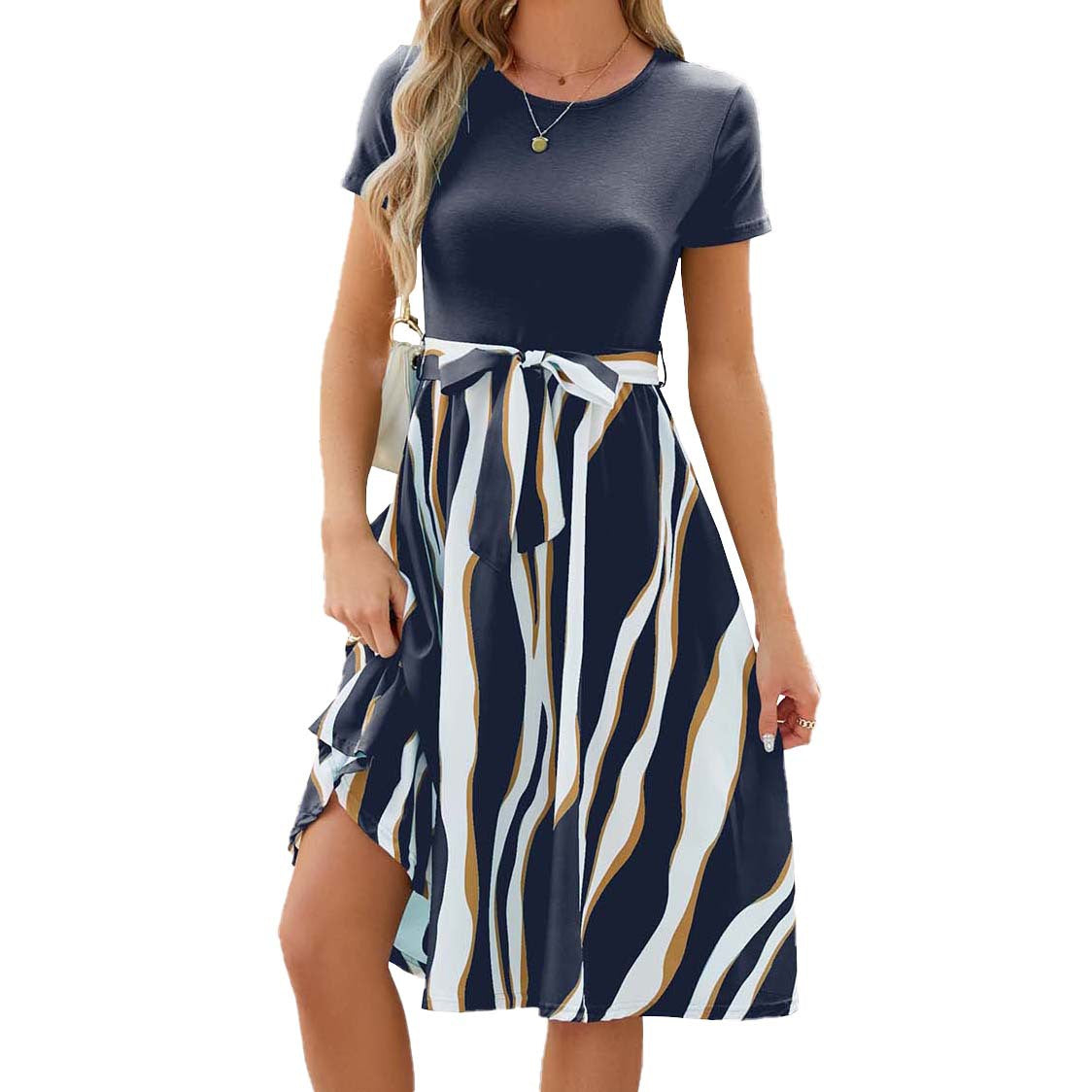 Round Neck Spliced Print Short Sleeve Swing Dress