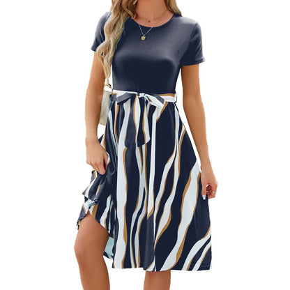 Round Neck Spliced Print Short Sleeve Swing Dress