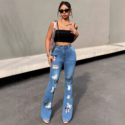 Stretch High-Waist Slim Fit Butterfly Flared Jeans