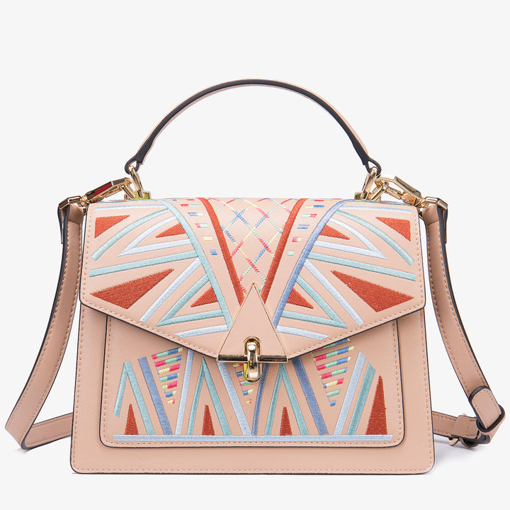 Genuine Leather Embroidered Top Handle Shoulder & Crossbody Bag