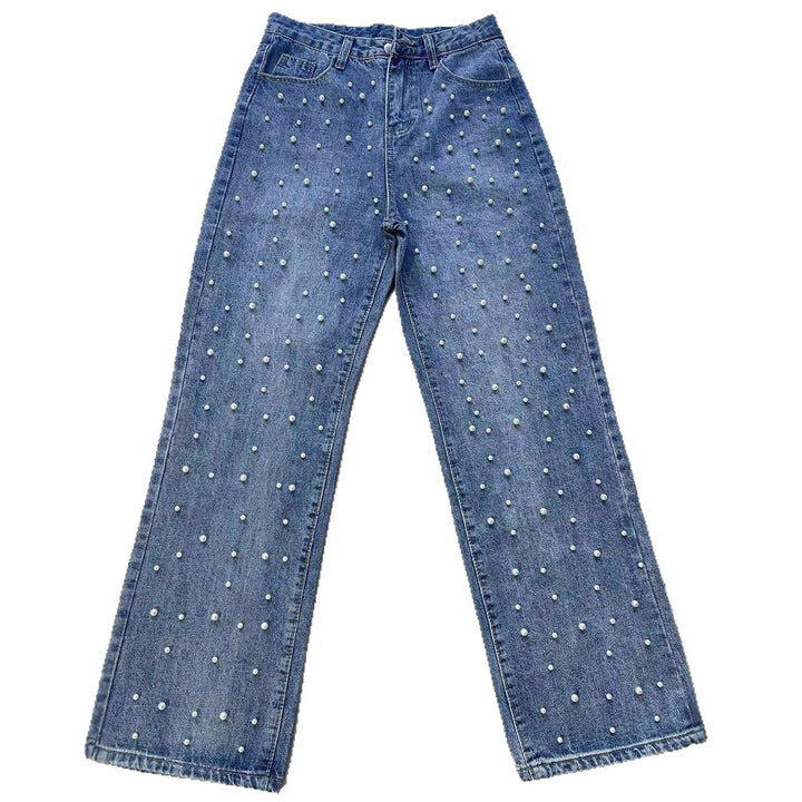 High Waist Pearl Embellished Straight Leg Jeans