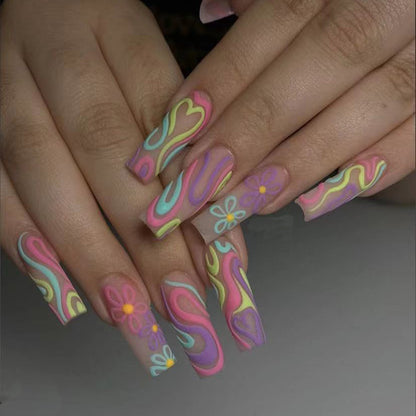 Multicolor Line Art Flower Doodle Press-on Nails