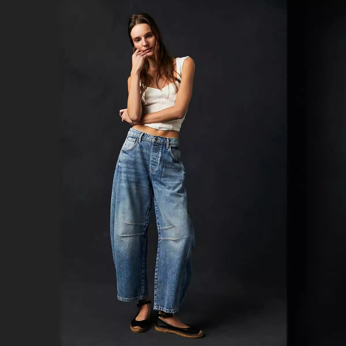 Jeans de mujer cónicos en medio de la cintura mids de la cintura mínima