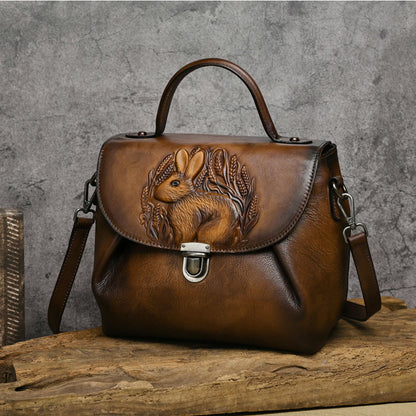 Playful Rabbit Embossed Leather Crossbody Bag