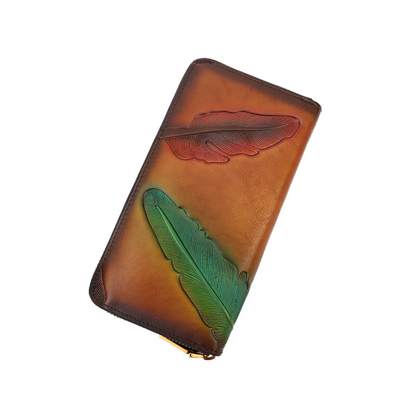 Vintage Floral Embossed Long Genuine Leather Wallet