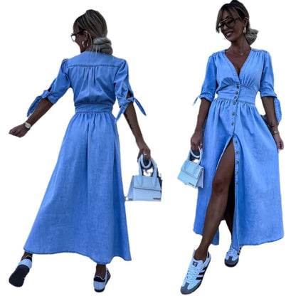 Modische sexy V-Ausschnitt Long Button Denim Kleid