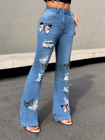 Stretch High-Waist Slim Fit Butterfly Flared Jeans