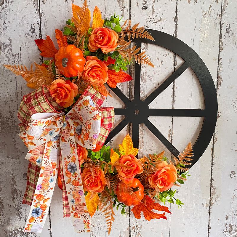 Porch Window Home Decor Pumpkin Cart Wreath