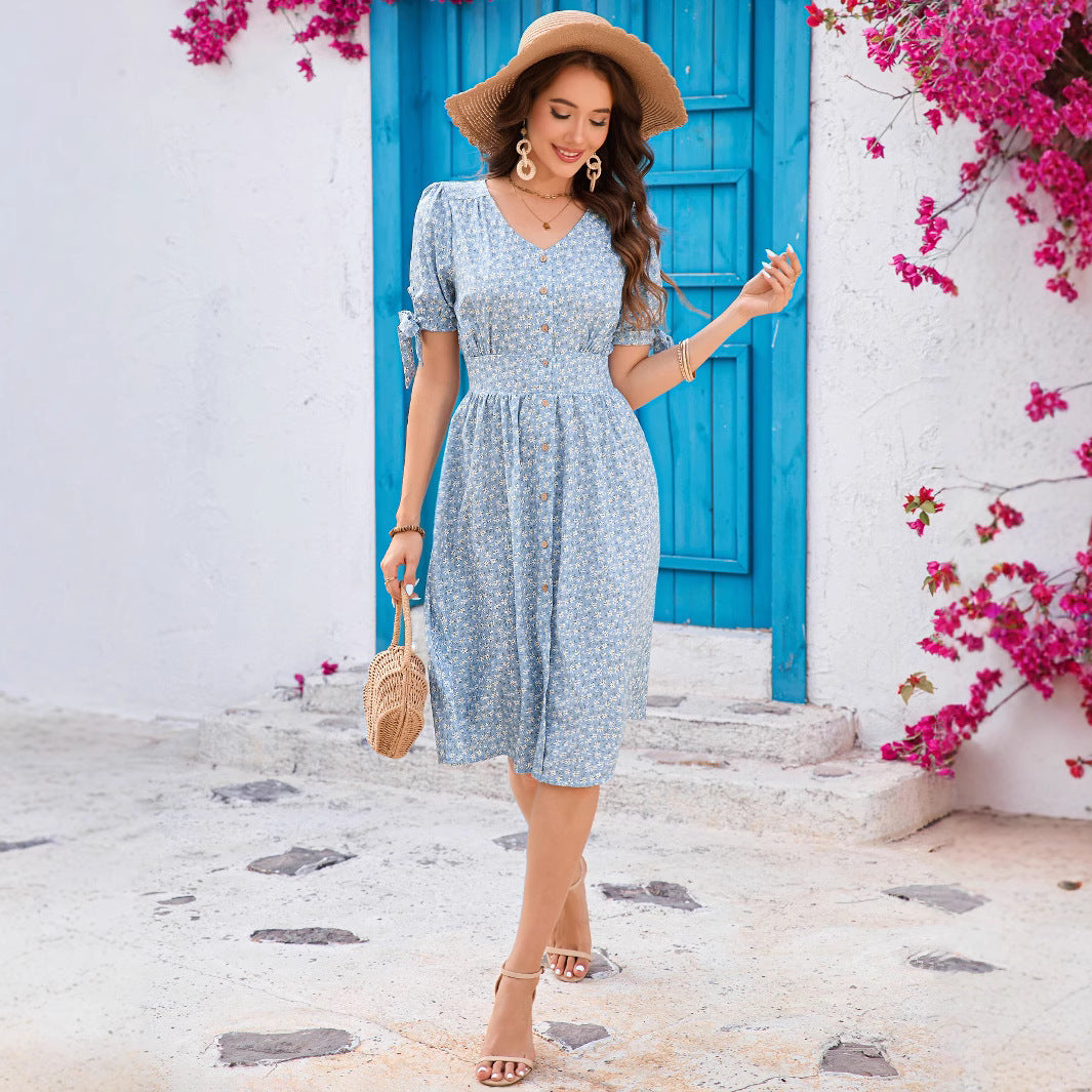 Stylish Floral V-Neck Bowknot Dress