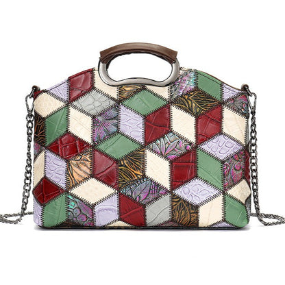 Cowhide Single Shoulder Retro Patchwork Colorful Messenger Bag