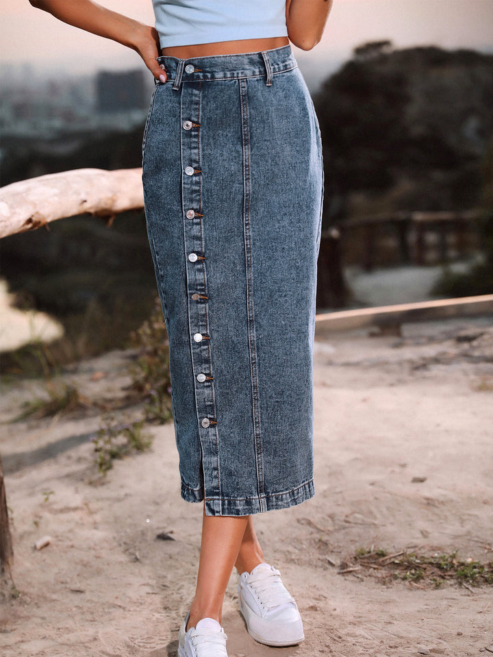 High-Waisted Asymmetric Denim Slit Skirt