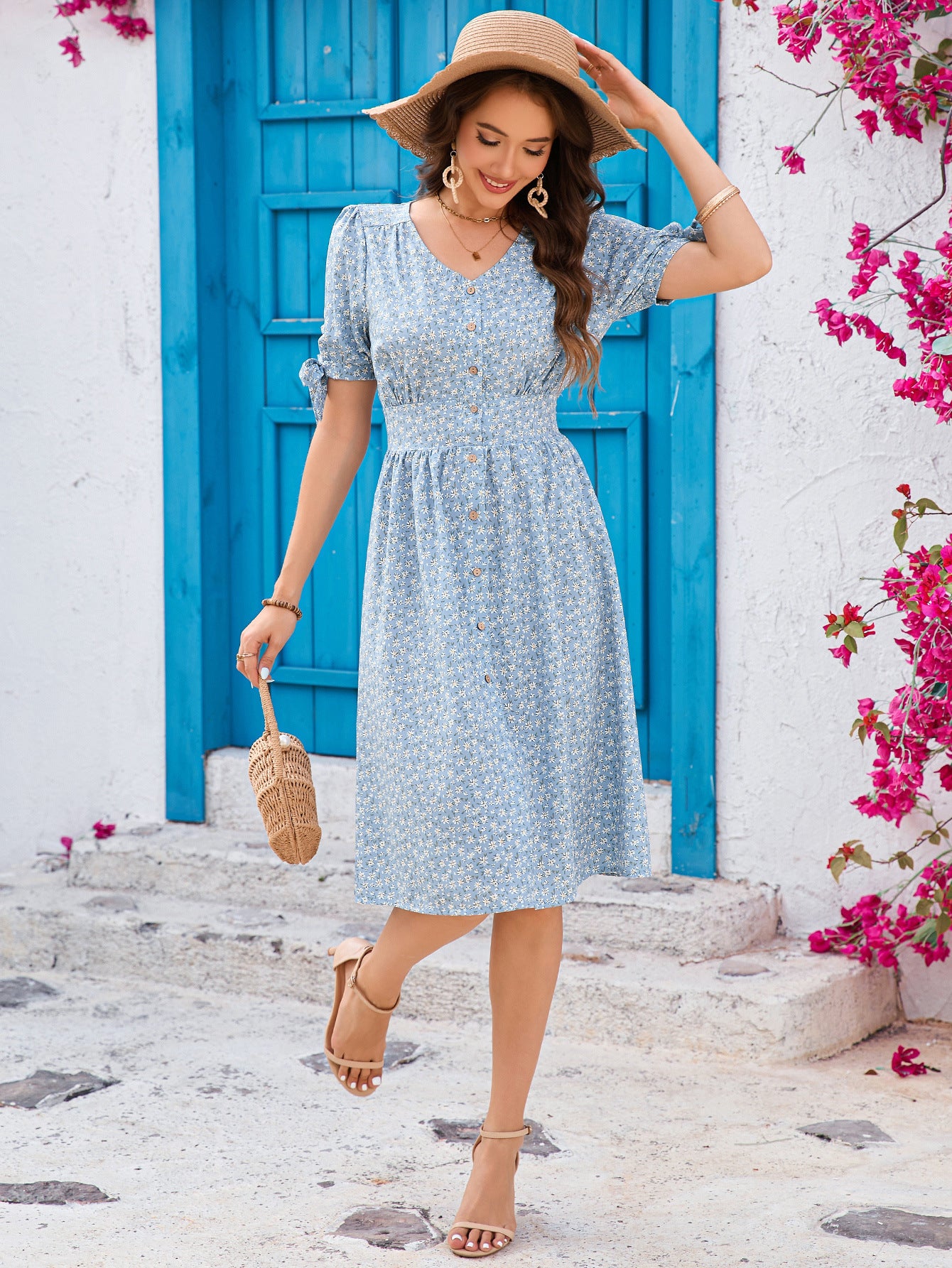 Stylish Floral V-Neck Bowknot Dress