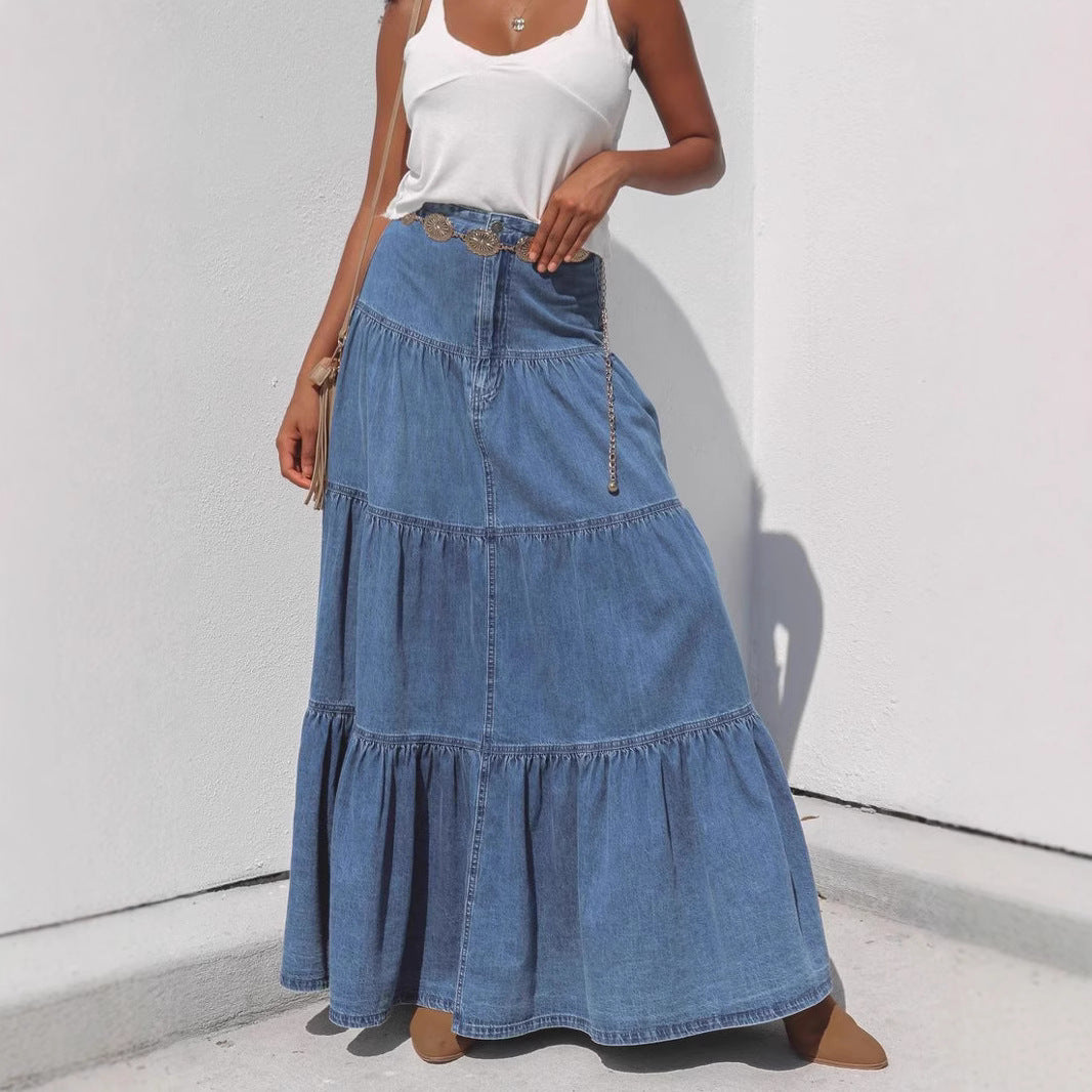 Distressed Vacation-Style Tiered Denim Skirt