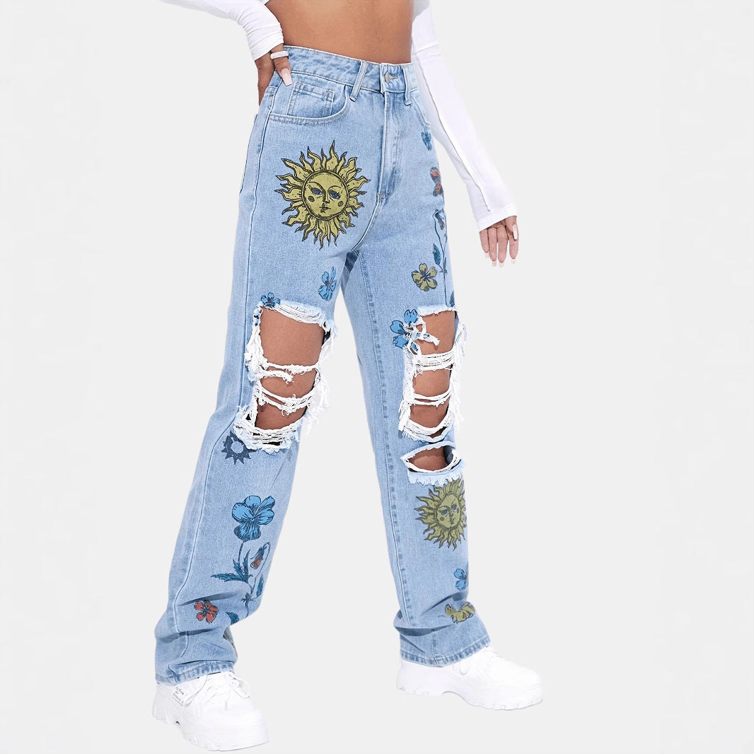 Fashion Ripped Printed Straight-Leg High-Waist Slimming Jeans