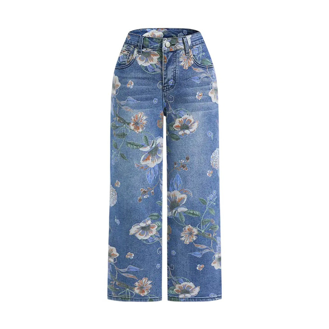 High Waist Floral Print Wide Leg Jeans