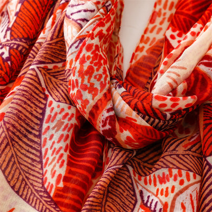 Orange-Red Leaf Floral Silk Scarf Shawl