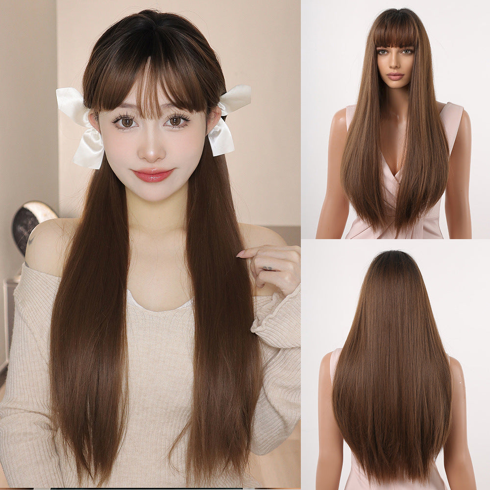 Center Part Gradual Color Long Straight Synthetic Wig with Bangs