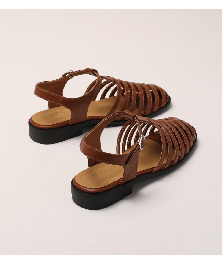 Vintage Woven Closed-Toe Square-Toe Roman Sandals