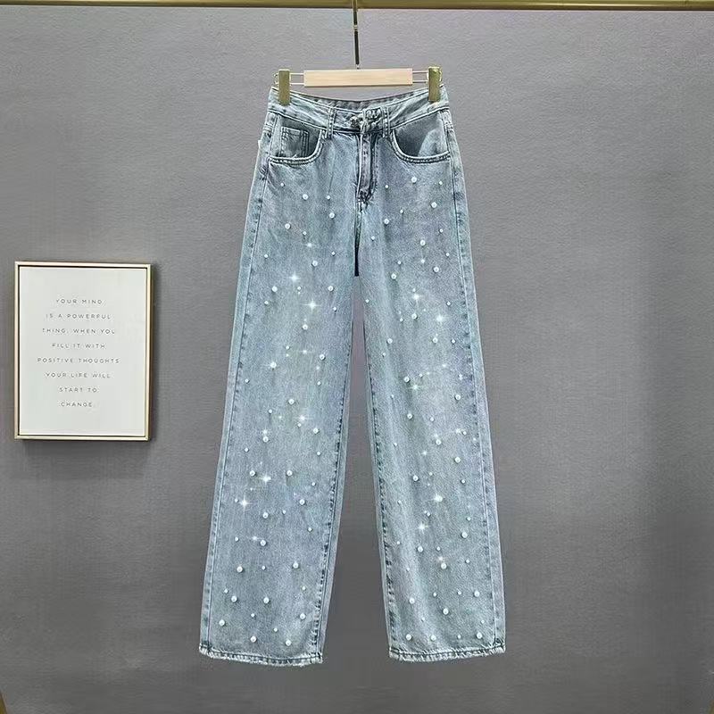 High Waist Pearl Embellished Straight Leg Jeans