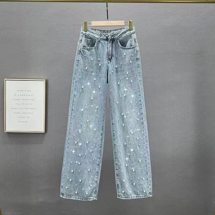 High Waist Pearl Embellished Straight Leg Jeans