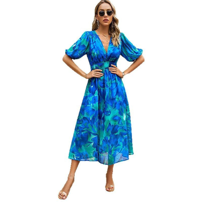 Elegant V-Neck Chiffon Printed Dress