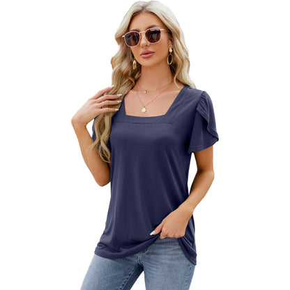 Fashionable Simple Square Neck Petal Print Loose T-shirt