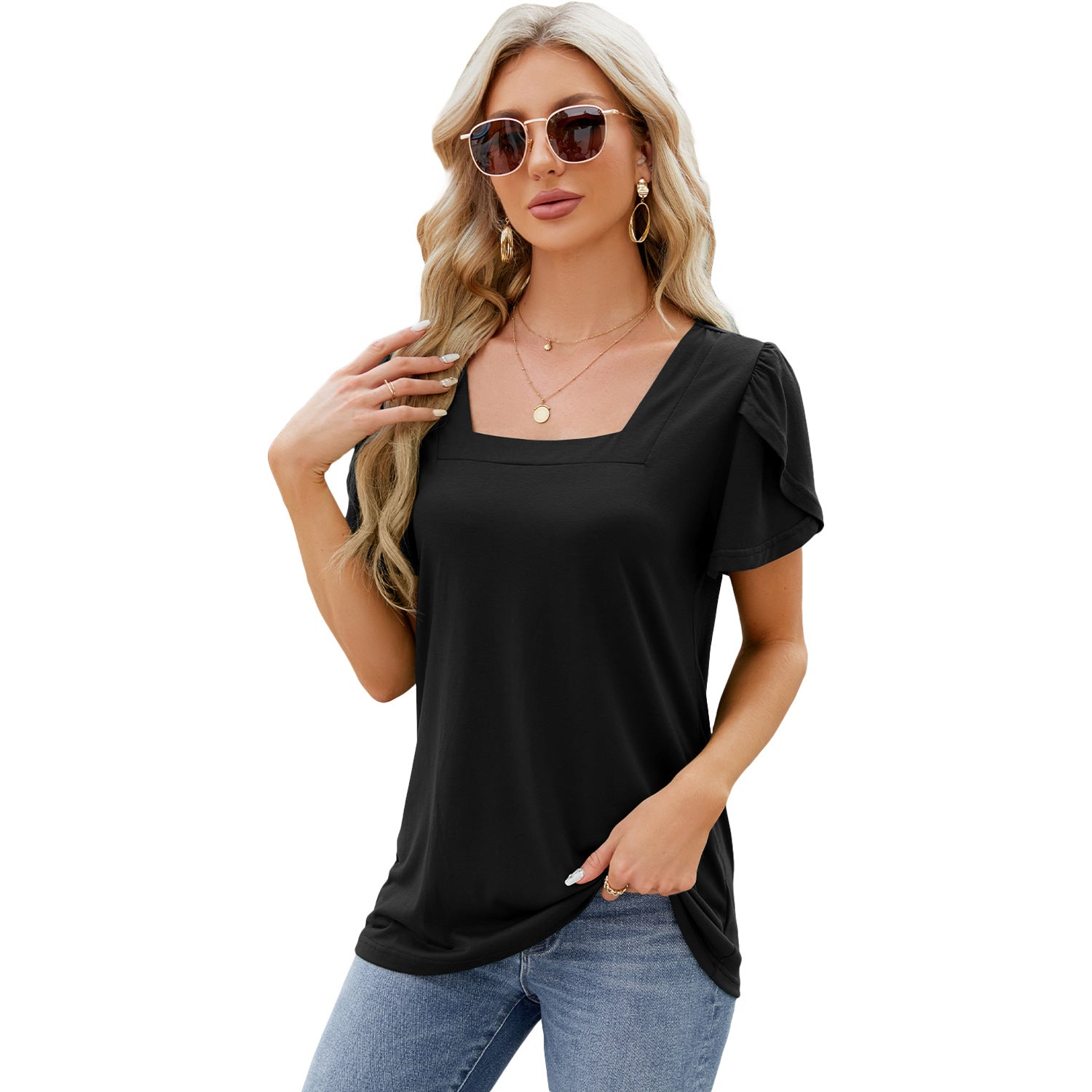 Fashionable Simple Square Neck Petal Print Loose T-shirt