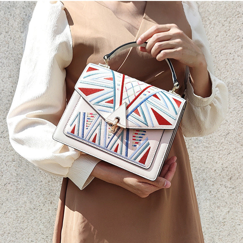 Genuine Leather Embroidered Top Handle Shoulder & Crossbody Bag