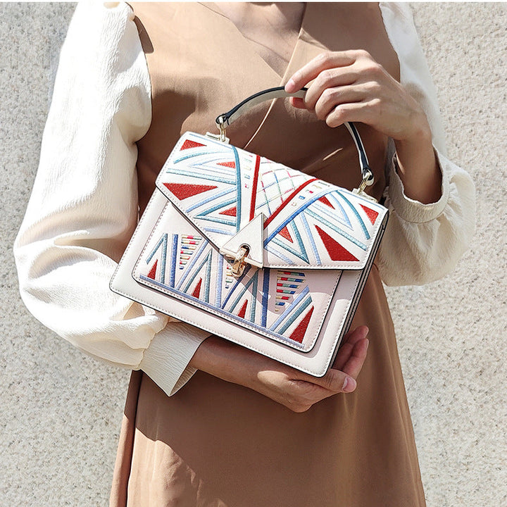Genuine Leather Embroidered Top Handle Shoulder & Crossbody Bag