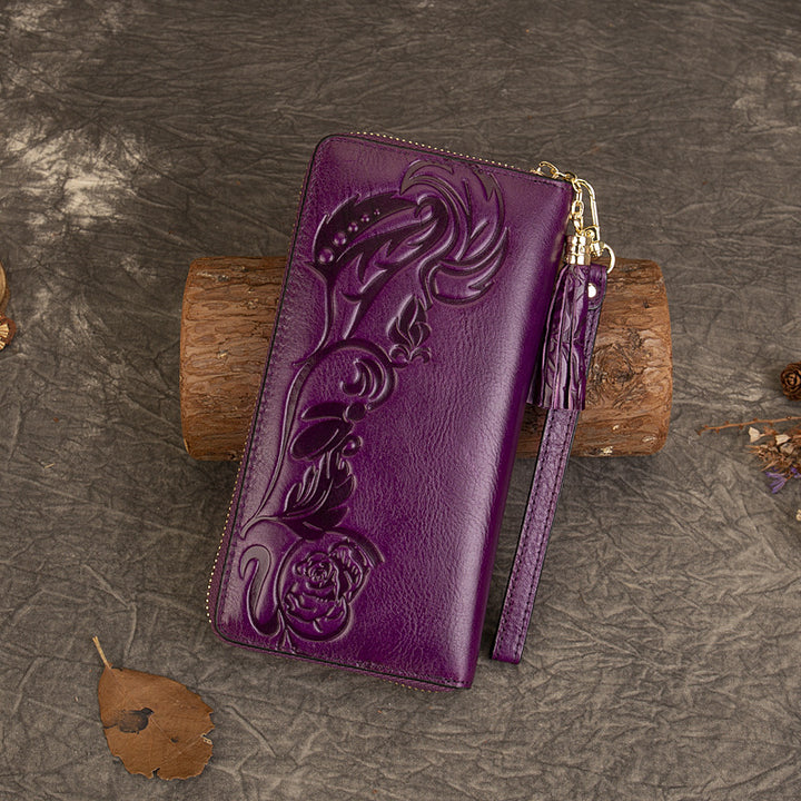 Vintage Rose Scroll Embossed Long Wallet
