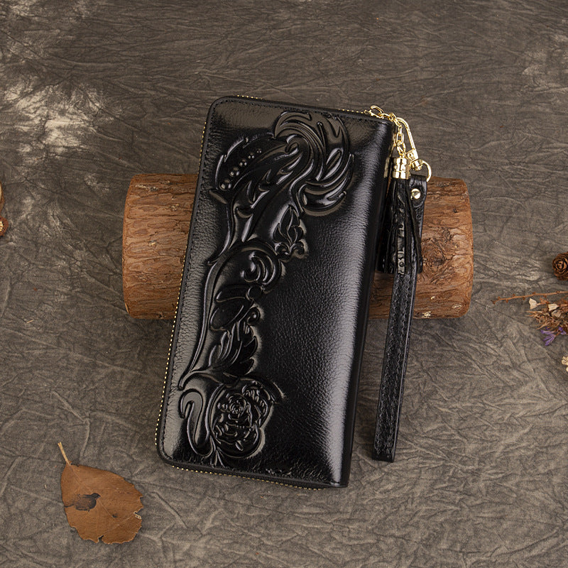 Vintage Rose Scroll Embossed Long Wallet